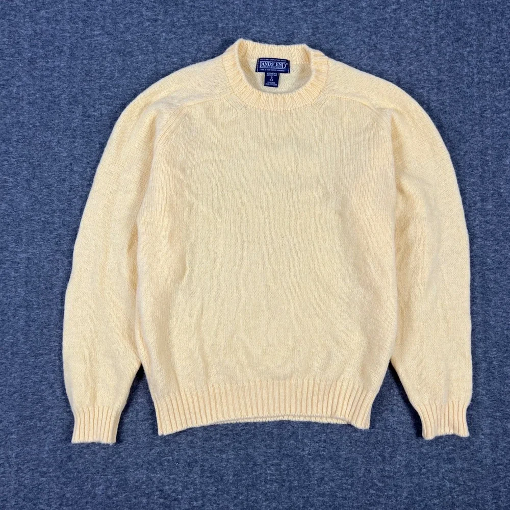 Vintage 90s Lands End Crewneck Sweater Small Yellow Shetland Wool United Kingdom